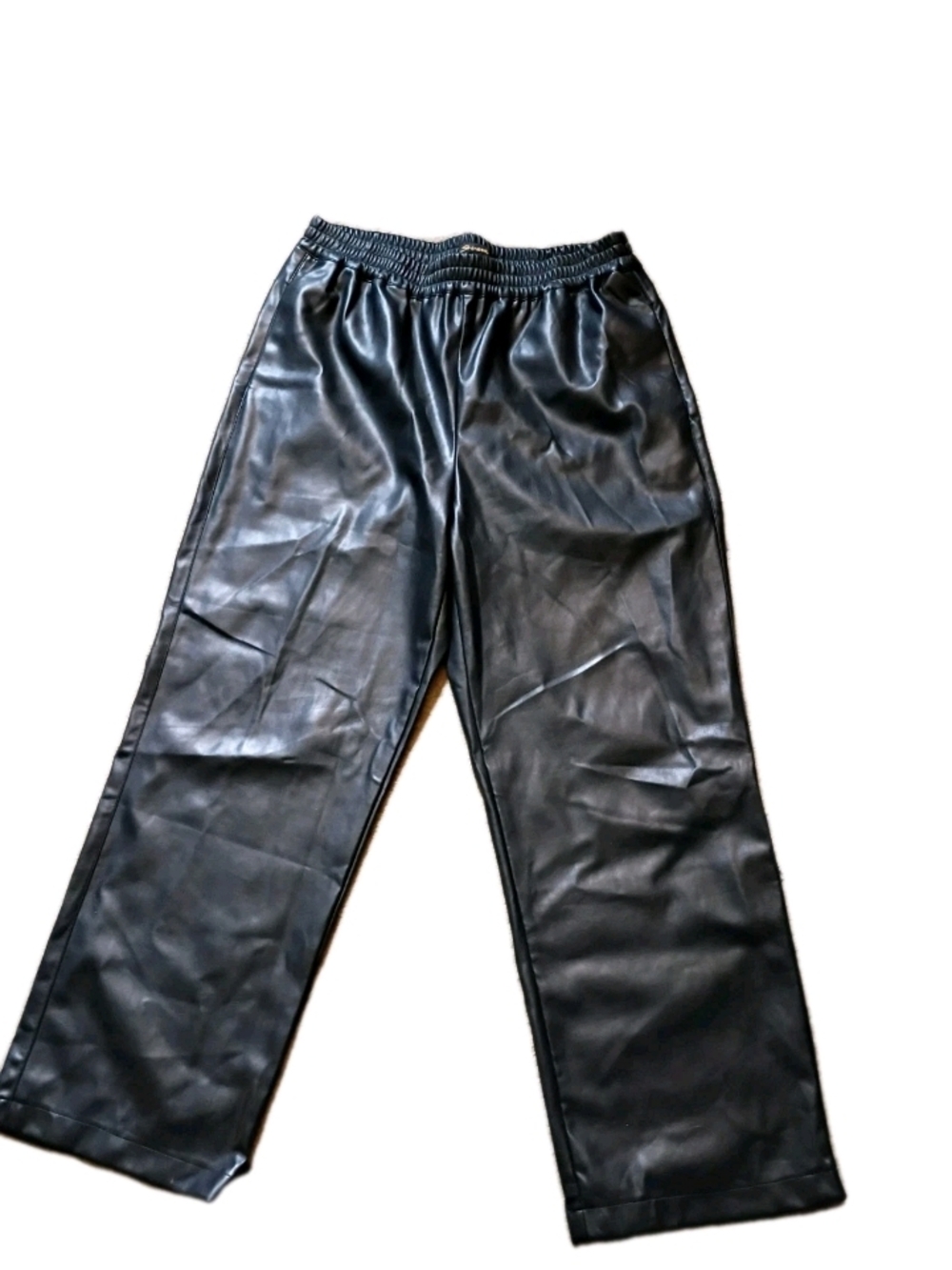 Women's Black Faux Leather Elastic-Waist Pants Stretchy